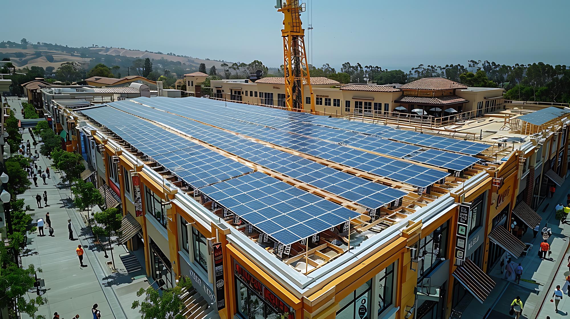 Crane hoisting solar panel onto roof of shopping mall worker roof guiding panel into place shopper